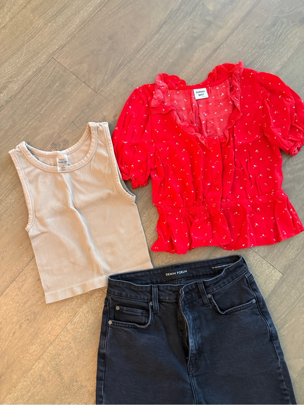 Sunday Best & Denim Forum Bundle  - Ruffle Peplum Top, Tan Dark & Black Denim